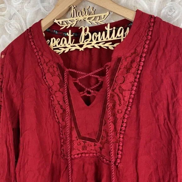 Artesia Boho Chic Peasant Blouse Red Lace trim lace up long sleeve shirt Medium - Picture 2 of 13